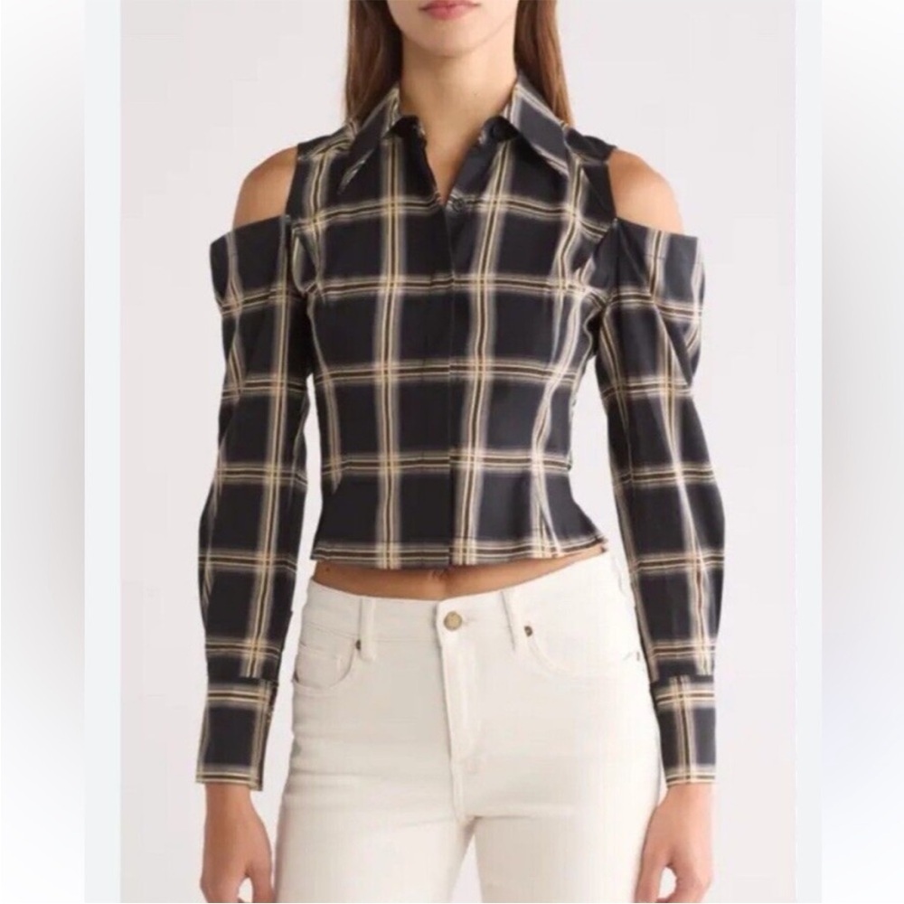Equipment Plaid Cold Shoulder Black/Brown Cropped Button Down Cropped Shirt Sz 0